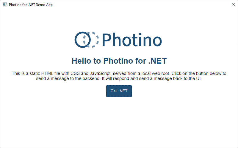 Photino Hello world screen for Windows 10